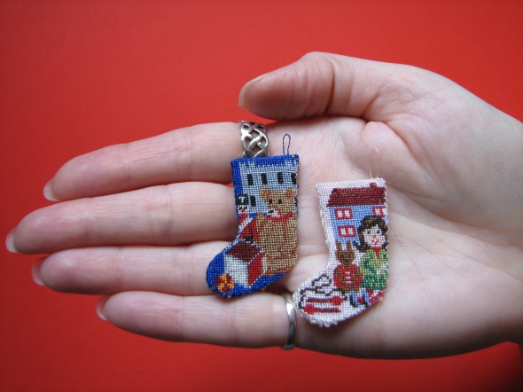 'Toys for boys' and 'Toys for girls' doll's house scale miniature needlepoint stocking kits on 40 count silk gauze, available from www.janetgranger.co.uk