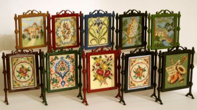 10 firescreen designs, all suitable for doll's houses, stitched on 32 count silk gauze, and available as kits from www.janetgranger.co.uk
