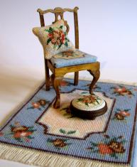 Doll's house scale needlepoint items (from the 'Alice (blue)' range) that you can make from kits - available from www.janetgranger.co.uk