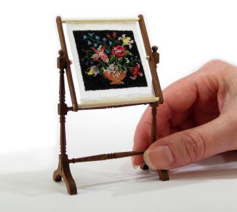 This 'Flower Bowl' needlework stand is stitched on 40 count silk gauze, from a kit. Available from www.janetgranger.co.uk