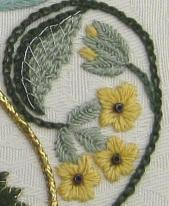 Stumpwork cowslips on the Bride's Bag