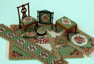 The 'Barbara (green)' range of doll's house needlepoint kits on fabrics from 18 count canvas to 32 count silk gauze, available from www.janetgranger.co.uk