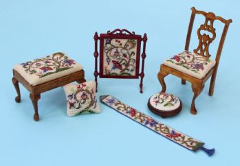 A 'Tree of life' design, stitched on various doll's house items - all available as kits from www.janetgranger.co.uk