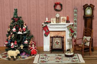 A doll's house room setting showing Christmas items and other miniature needlepoint, available as kits from www.janetgranger.co.uk