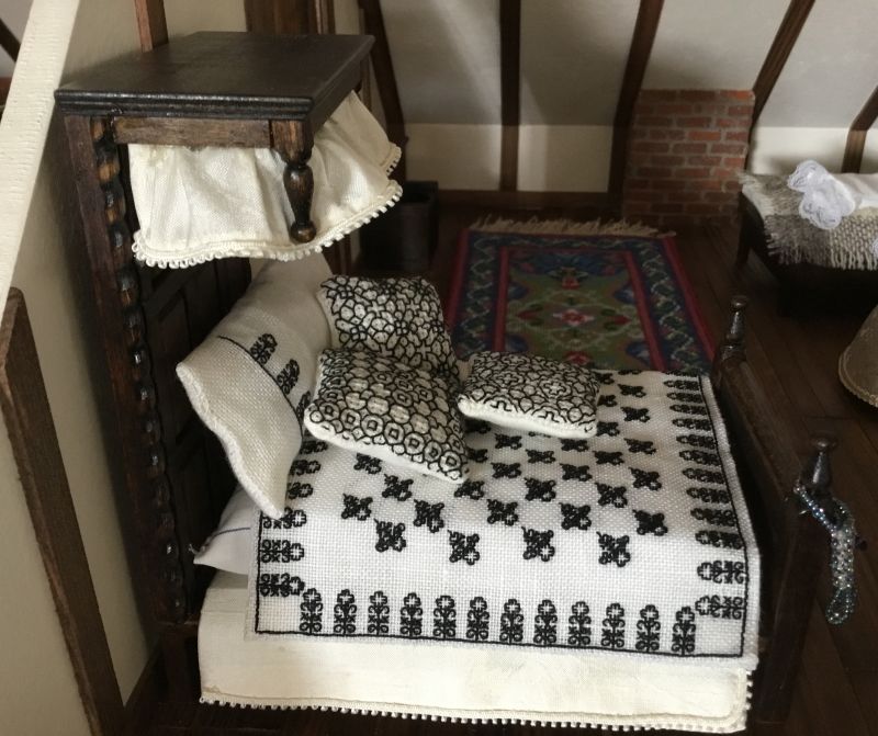 Tudor dollhouse needlepoint bedroom blackwork